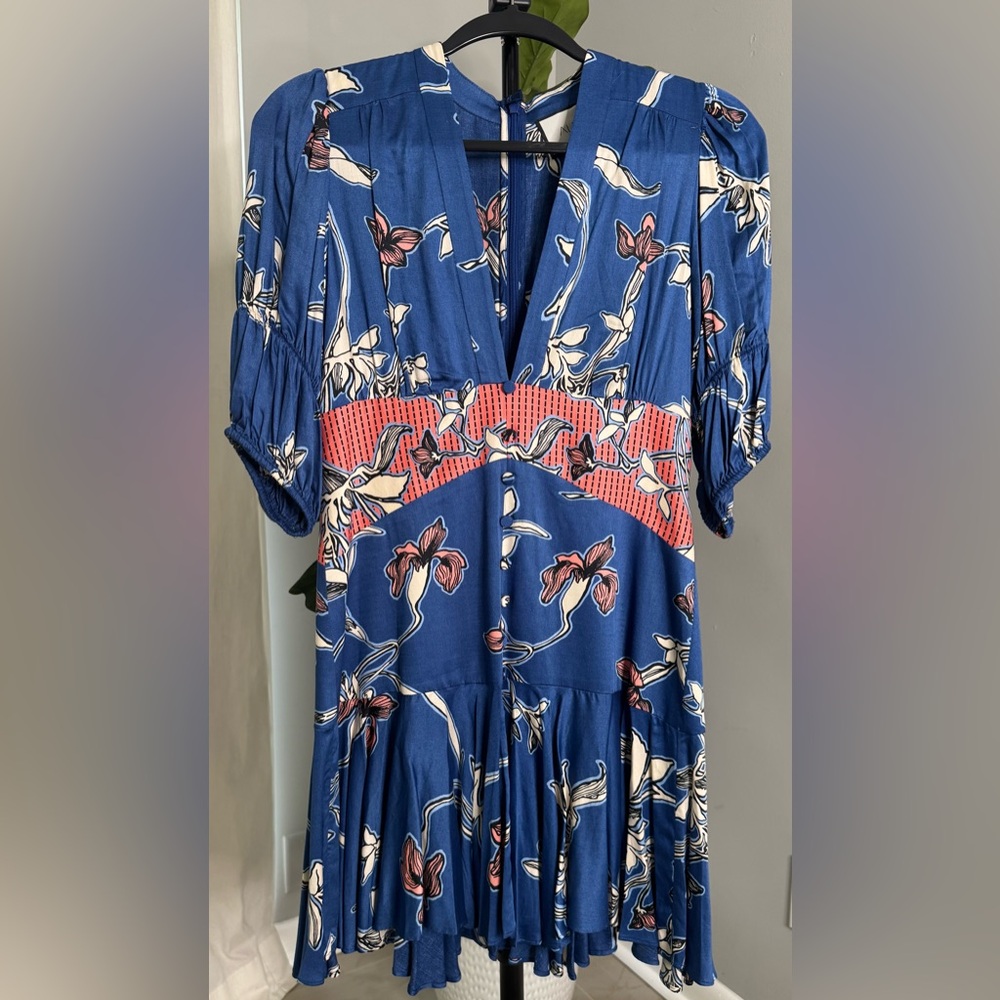 Floral Blue Dress with Coral Accents